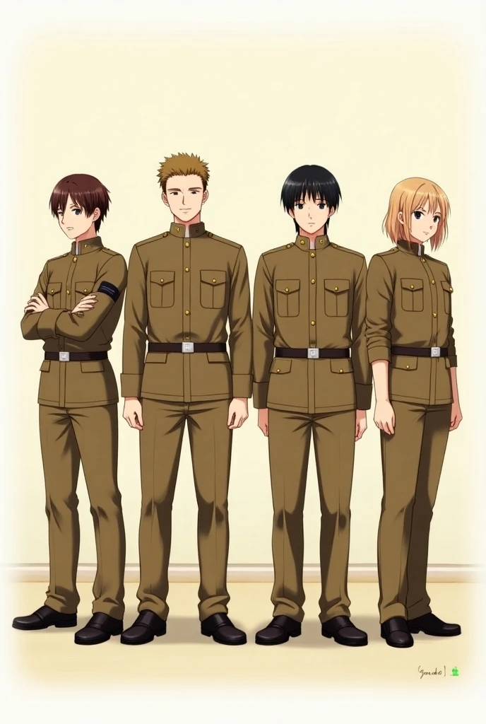 4 boys and 1 girl adults anime fully body photo in same body height , milliatree uniforms bright brown color , normal hair style 