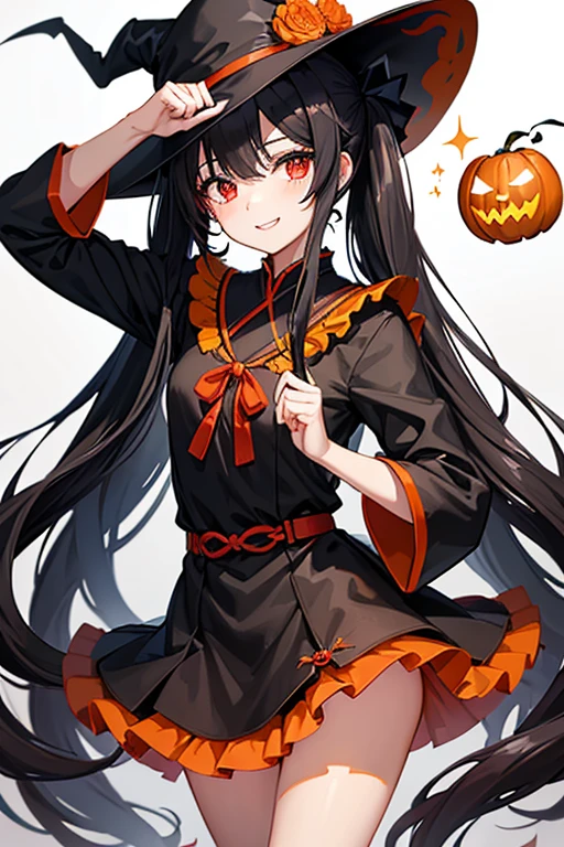 One beautiful girl　Black Hair　Black Hair　 long hair 　 Twin Tail　Red eyes　A sparkling smile　witch　黄色と黒のwitchの帽子　黄色と黒のwitchの服　 Orange Jack O Lantern floats