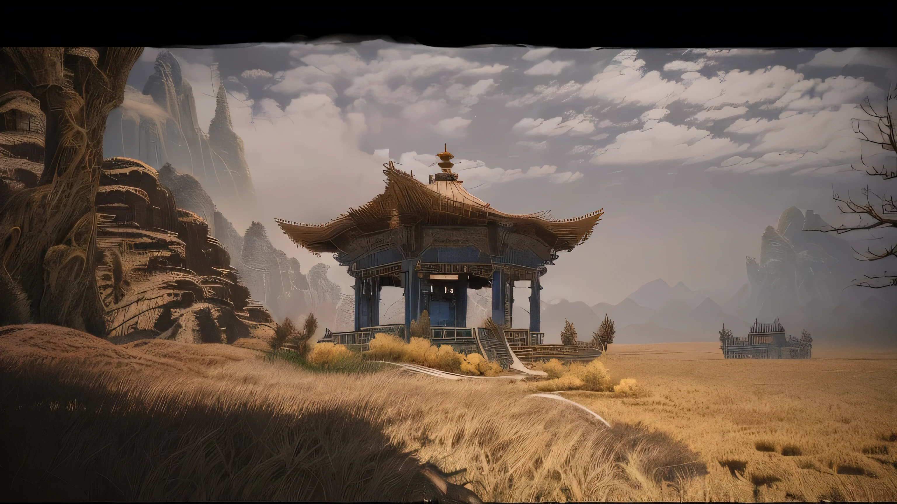  with a small gazebo in the middle of a field ,  The Beastlands  , Highly realistic concept art, Sci-fi Mongolian Village,  4k conceptual art and surrealism, Complex and epic concept art, Highly detailed matte painting, Highly detailed concept art,  ultra-fine 3D matte painting ,  cinematic opening footage , Ultra-detailed 3D painting, Film environment design