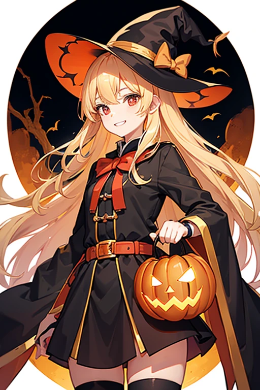 One beautiful girl　 short stature 　Baby Face　Golden Hair　Blonde　 long hair 　Hime cut　Red eyes　Double teeth　smile　witch　黄色と黒のwitchの帽子　黄色と黒のwitchの服　 Orange Jack O Lantern floats