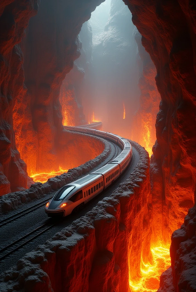  urban transportation developed into the underworld 、High-speed rail connecting cities 、 runs through the burning side of magma、 surrealism 、SF、High-definition real photo、16K Quality