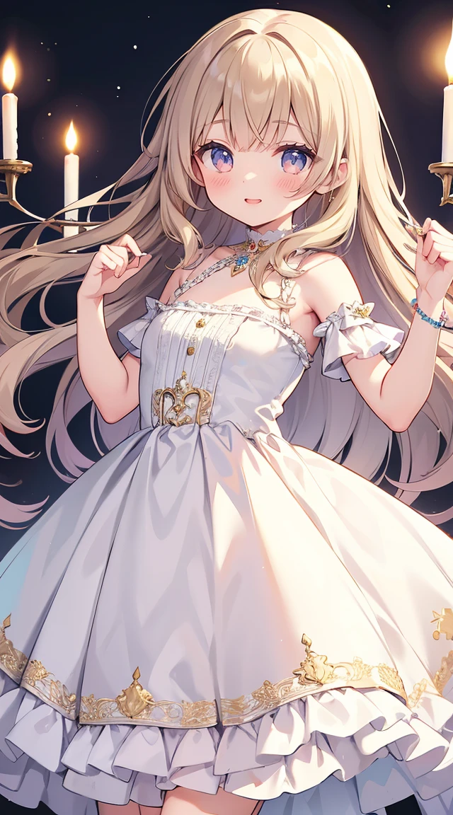 (quality, 4K,  High Resolution , masterpiece), (( Perfect Anatomy)), Cute Woman , tchibi,  light brown hair, Beige Hair, Long white hair, Gradient Eye ,((👄)), smile, BREAK BREAK BREAK,  Wainwright Dress with Pastel Lace Trim, Crystallization of clothes,  Striped Cloth , Colorful clothing,   Gradient Background  , Floating Dots of Light , (( Princess in a Luxurious Rococo Dress ， Beautifully Embroidered and Bejeweled ,  Voluminous Ruffle Long Skirt )), ((petticoat)), (Small underbust), (Shine of light)