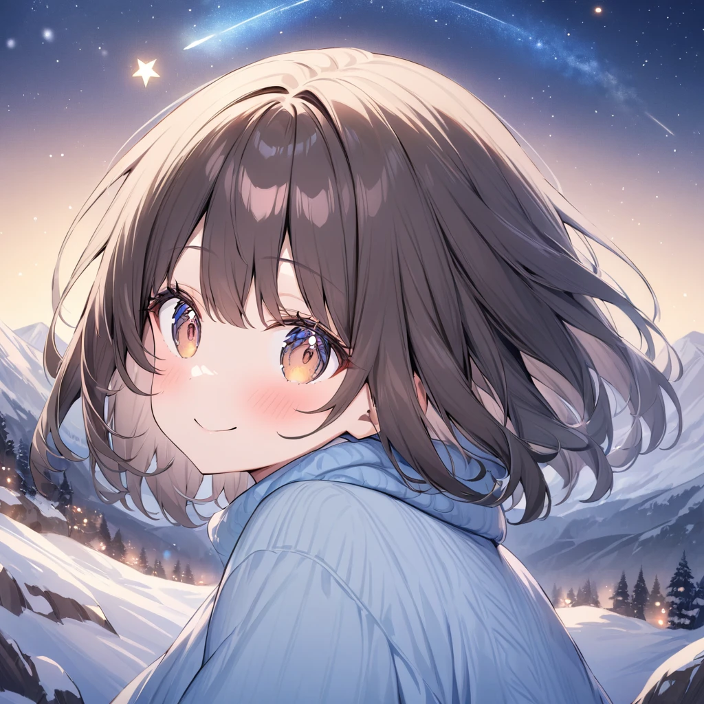 anegasaki nene、 shiny brown hair, short hair, (Beautiful brown eyes、  Sparkling Eye , fine grain)、smile、 very detailed eyes、 very detailed faces ,  highly detailed eyes, Night sky above the hills. winter, winter colors, winter landscape, Starry Sky, Sky color Prussian blue Cobalt blue Purple Cyan. Planet, Bright Star, meteor, Tree tops swaying in the wind, thre beautiful girl in winter clothes observes the starry sky with a dreamy look.