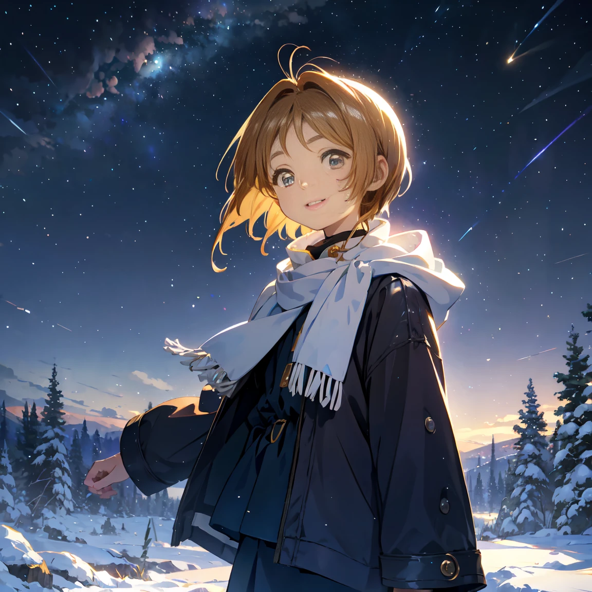 anegasaki nene、 shiny brown hair, short hair, (Beautiful brown eyes、  Sparkling Eye , fine grain)、smile、 very detailed eyes、 very detailed faces ,  highly detailed eyes, Night sky above the hills. winter, winter colors, winter landscape, Starry Sky, Sky color Prussian blue Cobalt blue Purple Cyan. Planet, Bright Star, meteor, Tree tops swaying in the wind, thre beautiful girl in winter clothes observes the starry sky with a dreamy look.