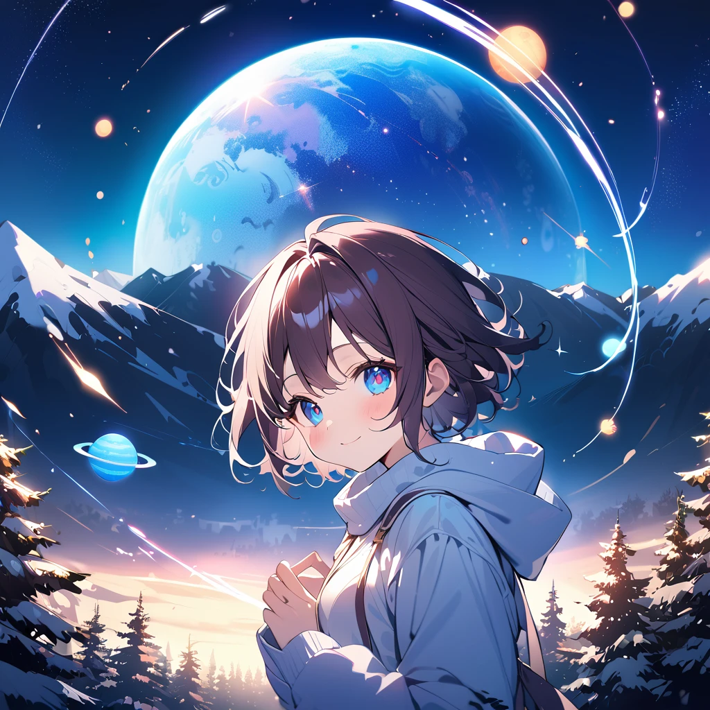 anegasaki nene、 shiny brown hair, short hair, (Beautiful brown eyes、  Sparkling Eye , fine grain)、smile、 very detailed eyes、 very detailed faces ,  highly detailed eyes, Night sky above the hills. winter, winter colors, winter landscape, Starry Sky, Sky color Prussian blue Cobalt blue Purple Cyan. Planet, Bright Star, meteor, Tree tops swaying in the wind, thre beautiful girl in winter clothes observes the starry sky with a dreamy look.