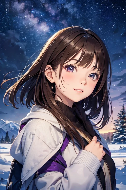 anegasaki nene、 shiny brown hair, short hair, (Beautiful brown eyes、  Sparkling Eye , fine grain)、smile、 very detailed eyes、 very detailed faces ,  highly detailed eyes, Night sky above the hills. winter, winter colors, winter landscape, Starry Sky, Sky color Prussian blue Cobalt blue Purple Cyan. Planet, Bright Star, meteor, Tree tops swaying in the wind, thre beautiful girl in winter clothes observes the starry sky with a dreamy look.