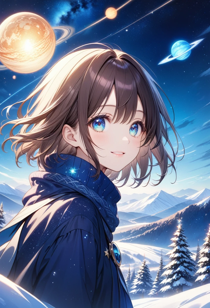 anegasaki nene、 shiny brown hair, short hair, (Beautiful brown eyes、  Sparkling Eye , fine grain)、smile、 very detailed eyes、 very detailed faces ,  highly detailed eyes, Night sky above the hills. winter, winter colors, winter landscape, Starry Sky, Sky color Prussian blue Cobalt blue Purple Cyan. Planet, Bright Star, meteor, Tree tops swaying in the wind, thre beautiful girl in winter clothes observes the starry sky with a dreamy look.