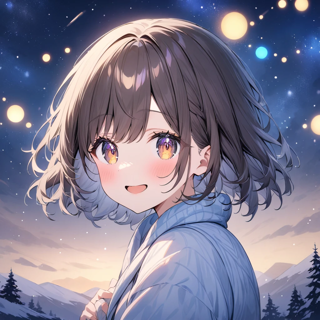 anegasaki nene、 shiny brown hair, short hair, (Beautiful brown eyes、  Sparkling Eye , fine grain)、smile、 very detailed eyes、 very detailed faces ,  highly detailed eyes, Night sky above the hills. winter, winter colors, winter landscape, Starry Sky, Sky color Prussian blue Cobalt blue Purple Cyan. Planet, Bright Star, meteor, Tree tops swaying in the wind, thre beautiful girl in winter clothes observes the starry sky with a dreamy look.