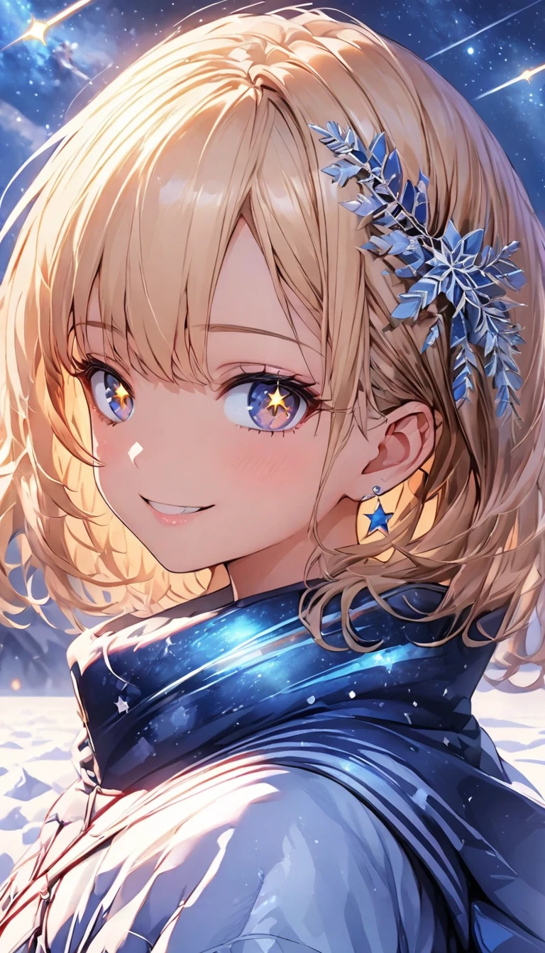 anegasaki nene、 shiny brown hair, short hair, (Beautiful brown eyes、  Sparkling Eye , fine grain)、smile、 very detailed eyes、 very detailed faces ,  highly detailed eyes, Night sky above the hills. winter, winter colors, winter landscape, Starry Sky, Sky color Prussian blue Cobalt blue Purple Cyan. Planet, Bright Star, meteor, Tree tops swaying in the wind, thre beautiful girl in winter clothes observes the starry sky with a dreamy look.