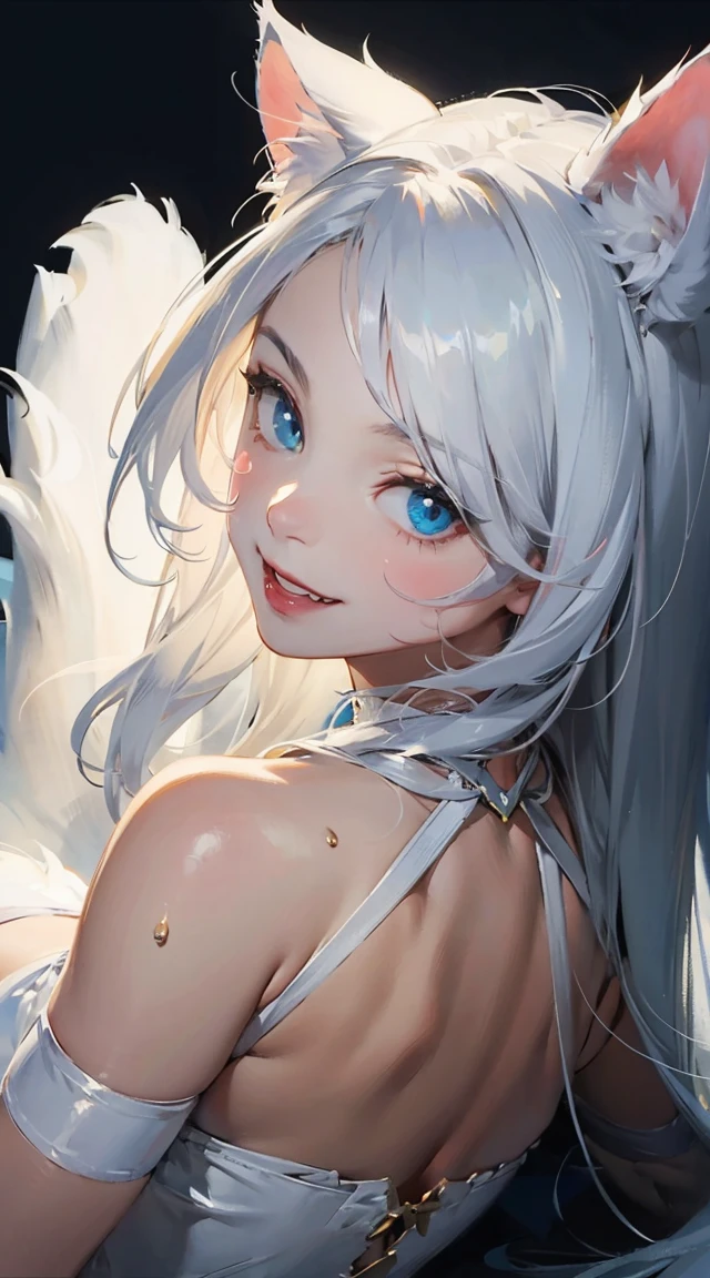 felicia (vampire), Felicia (darkstalker),dreamlike, (sweating), (shiny oily skin), grin,smug, (cute face), (cute pose) (simple background), looking back, back, (cat), (cat pose), ((top quality)), ((masterpiece)), (ultra detail), sharp focus, depth of field, cinematic lighting, high resolution, (realistic anime style), (white tail) (white cat ears), (white stockings), close, ((white fur)) , long blue hair, ,felicia, cat girl, slit pupils, cat paws,shiny skin