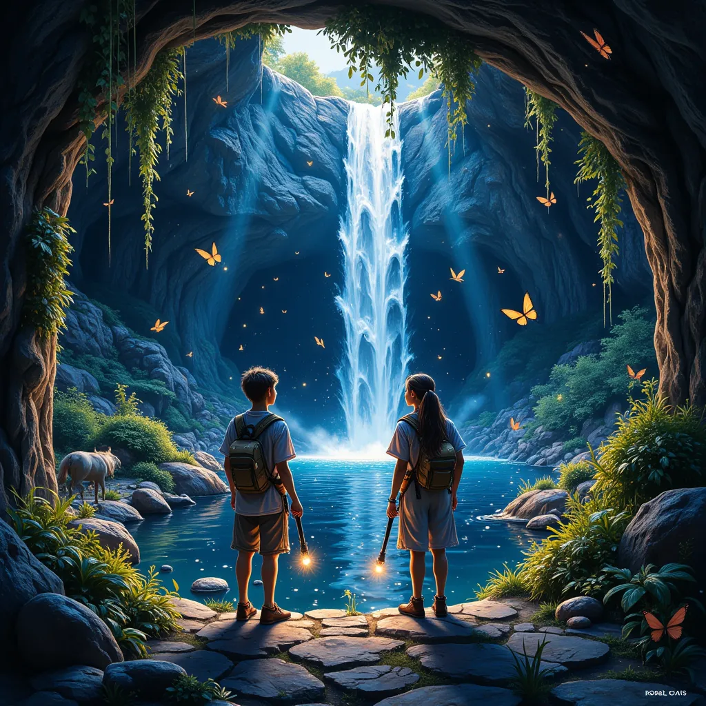 girl and boy archaeologists clothing light shirt and pants after seeing the underworld, they frozen in place holding the wall wi...