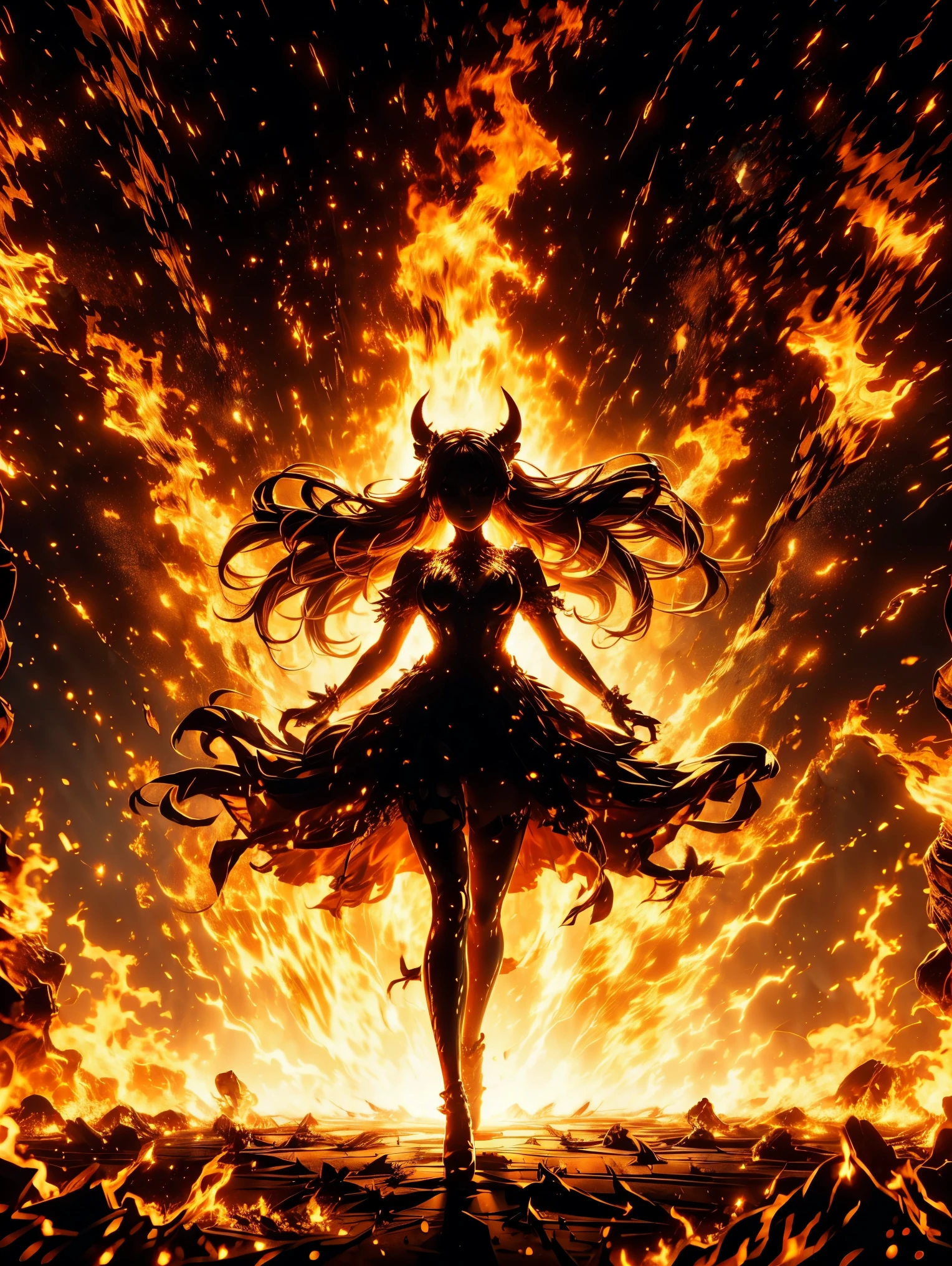 A fiery demoness with glowing orange eyes, horns illuminated by surrounding flames. She stands with her body adorned in shimmering, ember-like lingerie that seems to burn with heat. Her long, flowing hair moves gently in the heat waves.