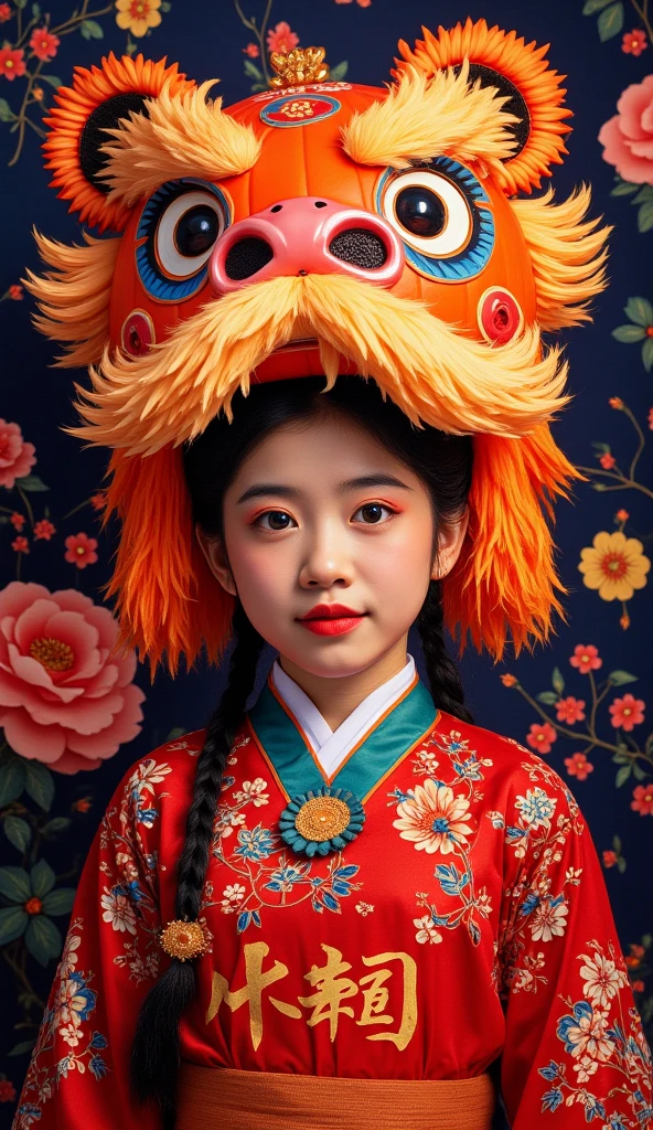 Large Peking Opera facial mask pattern background,simple atmosphere,funny pumpkin lantern carved lion headdress dress up,Chinese beautiful girl,cute and cute,girl Peking Opera facial makeup style,naughty and funny posture,small gourd waist hanging around the waist,small gourd waist showing auspicious clouds and thunder lines outline the "福" word carving,luminous particles,flowing light and shadow,movie feature,texture panorama,masterpiece,depth of field,ultra high definition,extreme detail,visual blockbuster,global illumination,