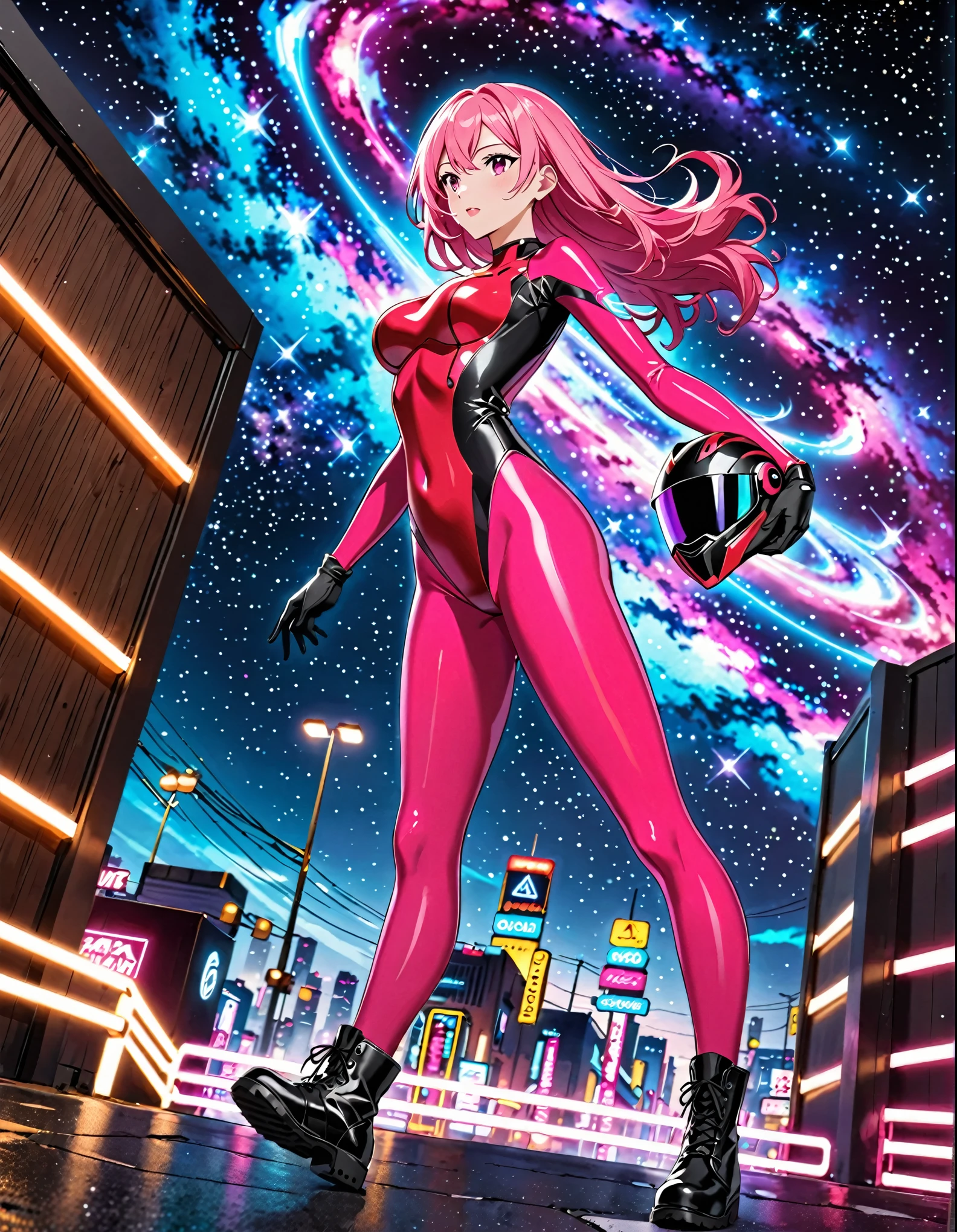 Long pink hair woman, night, neon, galaxy background, neon lights, red bodysuit, black leotard, black gloves, black boots, (bare legs:1.2), looking away, holding helmet, 4k