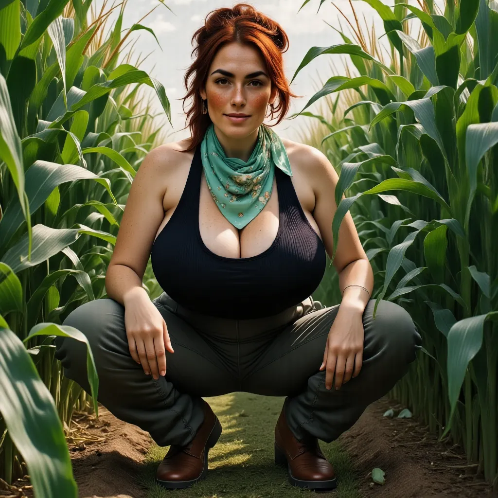 photorealistic, cinematic style, low angle picture of a beautiful british woman crouching in a cornfield between rows of tall co...