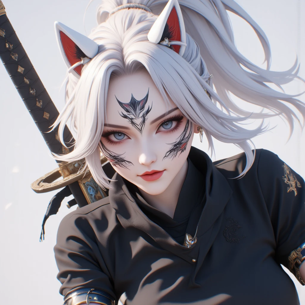  Anime inspired sword art online, 1 woman,   Pure White Hair,  open mask on hair , fox mask , Black suit,  with sword in back pod ,  battojutsu, Full body  ,  dynamic movement ,  3d, 3D rendering  ,  look from bottom to top .