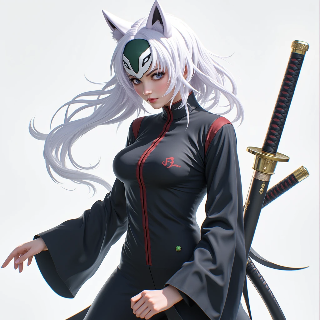  Anime inspired sword art online, 1 woman,   Pure White Hair,  open mask on hair , fox mask , Black suit,  with sword in back pod ,  battojutsu, Full body  ,  dynamic movement ,  3d, 3D rendering  ,  look from bottom to top .