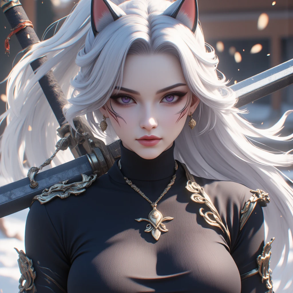  Anime inspired sword art online, 1 woman,   Pure White Hair,  open mask on hair , fox mask , Black suit,  with sword in back pod ,  battojutsu, Full body  ,  dynamic movement ,  3d, 3D rendering  ,  look from bottom to top .