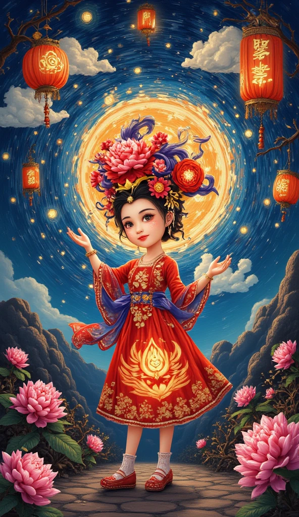 Large Peking Opera facial mask pattern background,simple atmosphere,funny pumpkin lantern carved lion headdress dress up,Chinese beautiful girl,cute and cute,girl Peking Opera facial makeup style,naughty and funny posture,small gourd waist hanging around the waist,small gourd waist showing auspicious clouds and thunder lines outline the "福" word carving,luminous particles,flowing light and shadow,movie feature,texture panorama,masterpiece,depth of field,ultra high definition,extreme detail,visual blockbuster,global illumination,