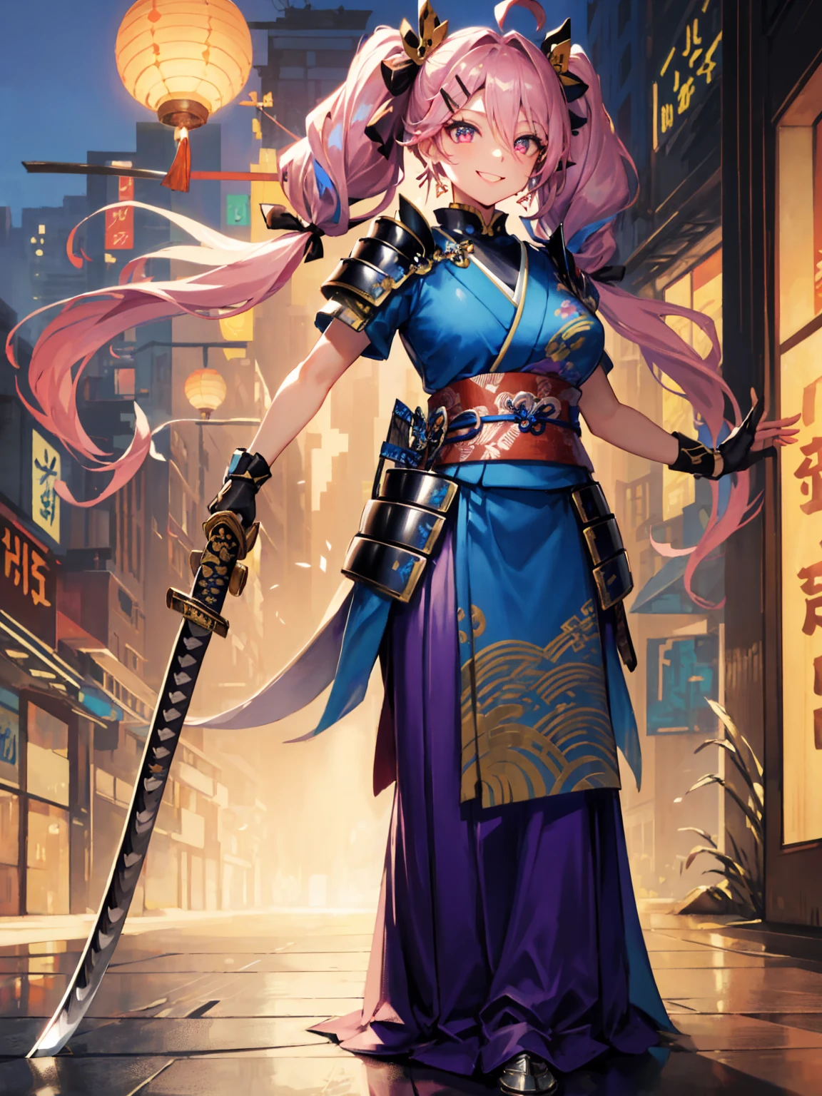 (absurdres, highres, ultra detailed), 1 girl, (A Divine goddess), Dynamic Body Type, beautiful, ((2.5D)), Beautiful Eyes, Delicate Eyes, Delicate Silhouette, (samurai, overcoat), (samurai costume:1.5), (katana:1.5), (armor platings:1.5), (elegant cutout clothes), (sharingans:1.5), fullbody shot, large breasts, perfect breasts, sharp contrast, gorgeous detailed eyes, focus, cowboy shot, glowing red eyes, slim fit, narrow waist, twintails, purple hair, dynamic pose, elegant, detailed iris, sparkle eyes, star in eyes, (enchanting red eyes:1.3), (multicolored eyes), (long hair:1.3), (big hair ribbon:1.5), (hairpin:1.5), (pink hair:1.3), (twintails hair:1.5), (hair between eyes), (hair over one eye:1), (floating hair:1.3), masterpiece, highest quality, earrings, pink skin, glowing hair, detailed face, blushing, shy, cute smile, huge smile, red lips, sharp eyelashes, (lunar new years, full moon, lanterns, fireworks), BREAK, glitch art, digital distortion, pixelated fragments, data corruption, colorful noise, visual chaos, contemporary aesthetics BREAK , enamel art, glass-like surface, vibrant colors, glossy finish, reflective textures, rich pigments, fluid forms BREAK, ethnic style,vibrant patterns, handmade textiles, cultural motifs, beaded jewelry, artisanal accessories