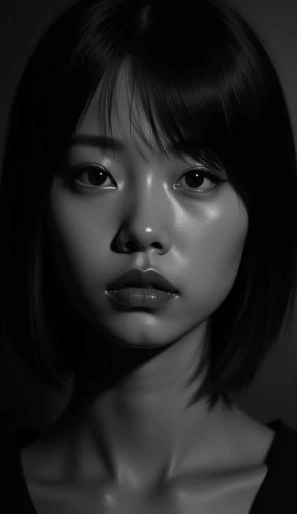 (Realistic:1.3), In detail, quality, (masterpiece:1.2), (photoRealistic:1.2), (best quality), (Detailed skin:1.3), (Intricate details), dramatic, One person, asian, 21 years old, Detailed skin texture, (blush:0.5), (It gives me goosebumps:0.5), serious expression, medium chest, short hair, bangs, Hair between the eyes, Close-up portrait, Dark Background, (Detailed Shadows, Monochrome, Black and White Photography, silhouette, Spotlight, Dark Theme:1.4), 