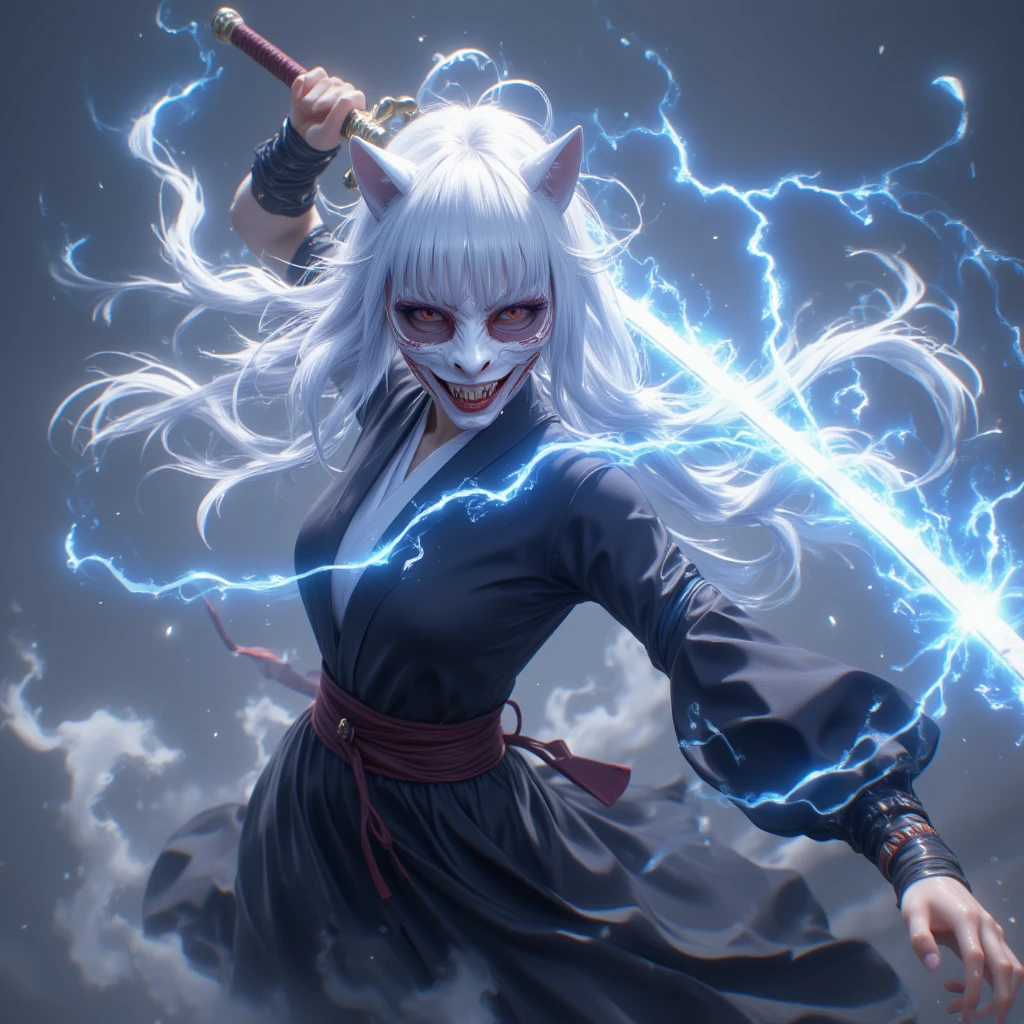  Anime inspired sword art online, 1 woman,   Pure White Hair, fox mask , Mask Open ,  Black dress, Have a sword,  battojutsu, Full body  ,  dynamic movement , spell, Lightning Spray ,  Lightning Spark ,  Blue Flame, 3d, 3D rendering  , Dynamic Camera Angle,  optical difference, illustration, Computer graphics,