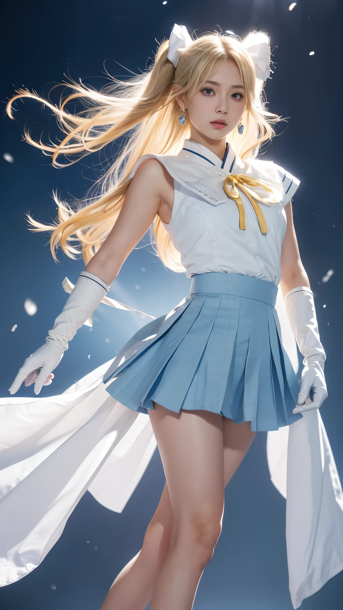 close, 1 girl, , Tsukino Usagi, ( chiseki uniform:1.2), ( aquamarine eyes:0.9), blonde, medium hair length, wedge skirt,  better quality, earrings, masterpiece,  High definition ,   intricate details , (Practical)), photo, (white elbow gloves:1.1),  jewelry , small breasts, whole body, dynamic background, dynamic poses, white, full height 