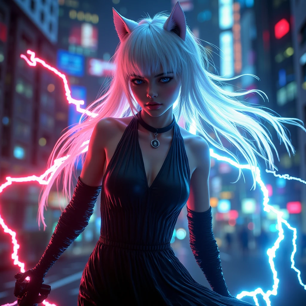 1 woman,   Pure White Hair, fox mask , Mask Open ,  Black dress, Have a sword,  battojutsu, Full body  ,  dynamic movement , spell, Lightning Spray , RED LIGHTNING SPARKLE,  Blue Flame, night future city background, 3d, 3D rendering  , Dynamic Camera Angle,  optical difference, illustration, Computer graphics,