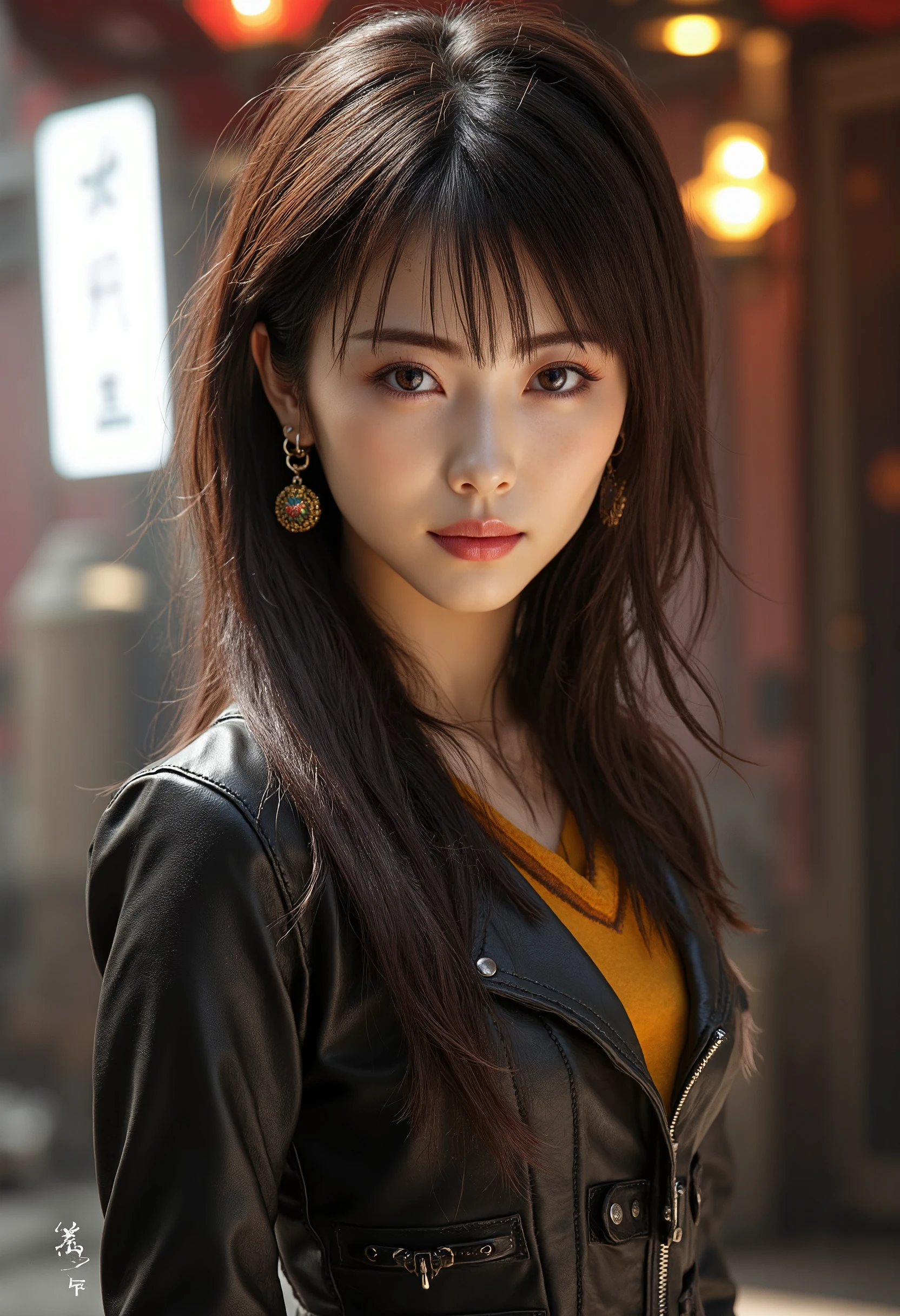 (8 k, Raw photos ,  high quality , masterpiece: 1.2),  ultra detailed ,  Ultra high definition , (Real Photos: 1.37), portraits,  high-resolution RAW photos ,  Professional photos ,  official art , highly detailed CG Unity 8 k wallpapers,  beautiful woman with East Asian appearance, very detailed faces, Very detailed eyes,  very detailed leather ,  Detailed nose ,  Very detailed mouth , Perfect Anatomy, very detailed background, Very detailed clothing, realistic body, white skin, glowing skin,, brown hair, {short|long} hair, (blunt bangs:1.2), slight smile, Realistic face,  bold design outfits , earrings, camera view,  cowboy shot , Standing figure ,  Dynamic lighting , full height, whole body, 