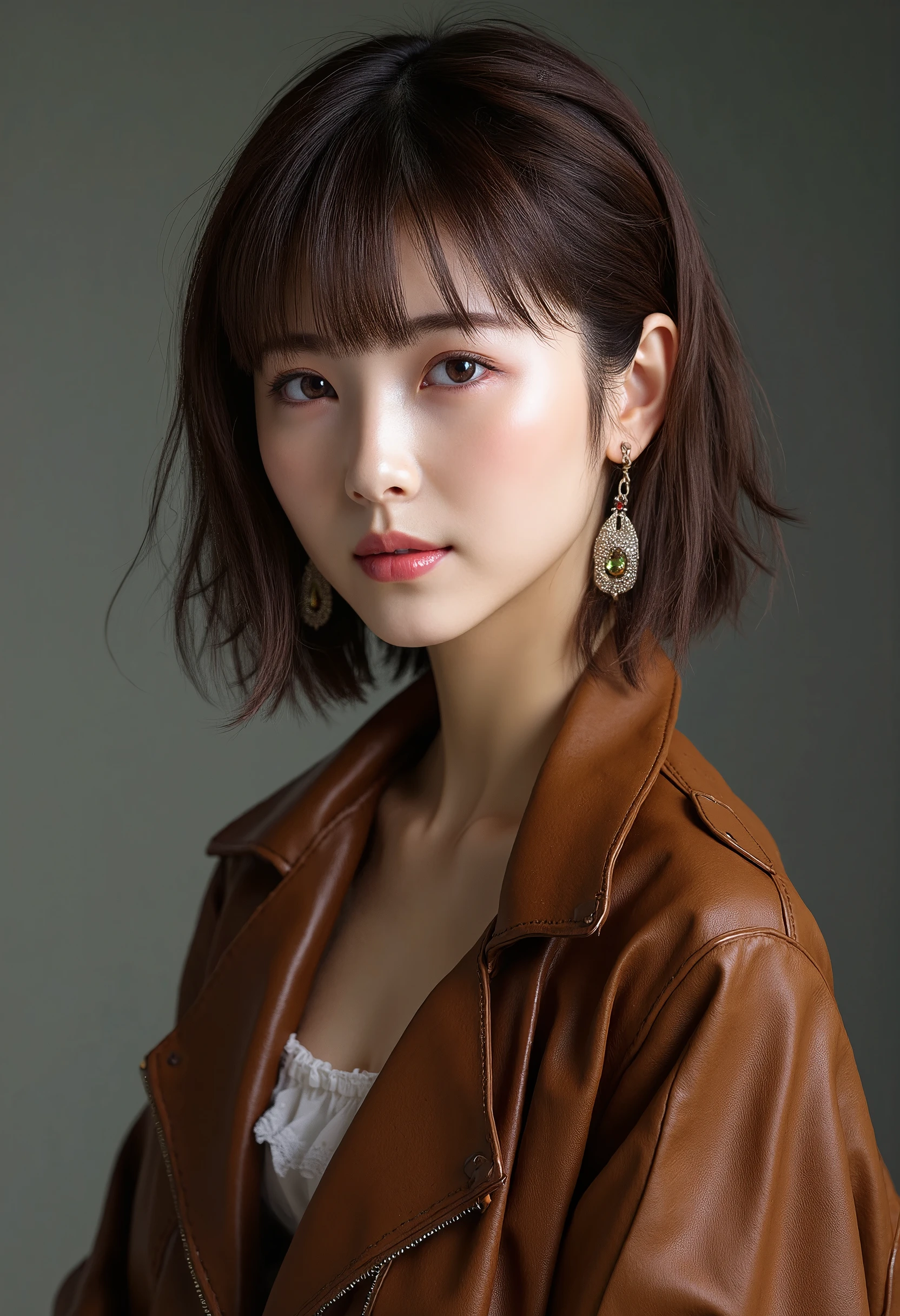 (8 k, Raw photos ,  high quality , masterpiece: 1.2),  ultra detailed ,  Ultra high definition , (Real Photos: 1.37), portraits,  high-resolution RAW photos ,  Professional photos ,  official art , highly detailed CG Unity 8 k wallpapers,  beautiful woman with East Asian appearance, very detailed faces, Very detailed eyes,  very detailed leather ,  Detailed nose ,  Very detailed mouth , Perfect Anatomy, very detailed background, Very detailed clothing, realistic body, white skin, glowing skin,, brown hair, {short|long} hair, (blunt bangs:1.2), slight smile, Realistic face,  bold design outfits , earrings, camera view,  cowboy shot , Standing figure ,  Dynamic lighting , full height, whole body, 