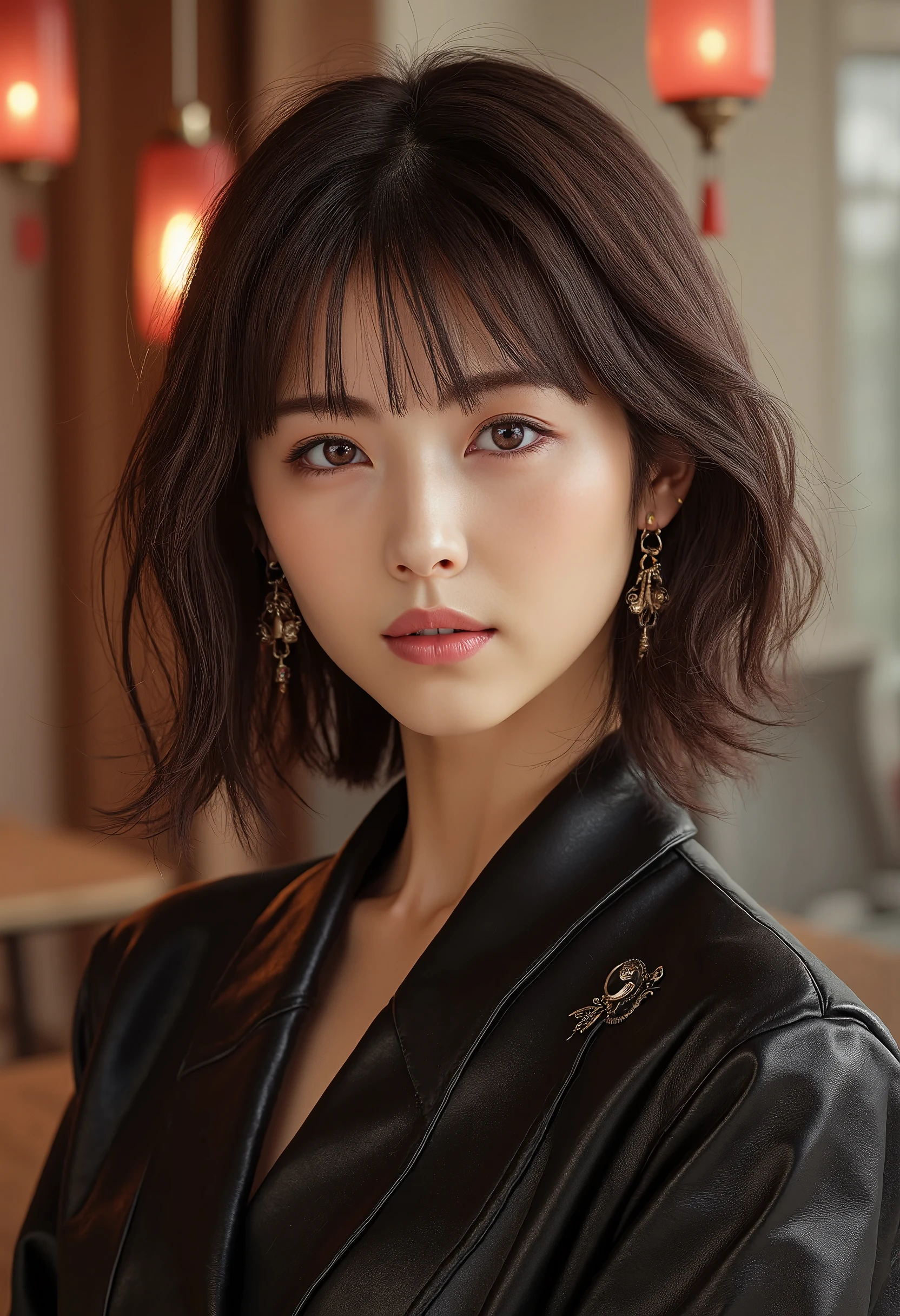 (8 k, Raw photos ,  high quality , masterpiece: 1.2),  ultra detailed ,  Ultra high definition , (Real Photos: 1.37), portraits,  high-resolution RAW photos ,  Professional photos ,  official art , highly detailed CG Unity 8 k wallpapers,  beautiful woman with East Asian appearance, very detailed faces, Very detailed eyes,  very detailed leather ,  Detailed nose ,  Very detailed mouth , Perfect Anatomy, very detailed background, Very detailed clothing, realistic body, white skin, glowing skin,, brown hair, {short|long} hair, (blunt bangs:1.2), slight smile, Realistic face,  bold design outfits , earrings, camera view,  cowboy shot , Standing figure ,  Dynamic lighting , full height, whole body, 