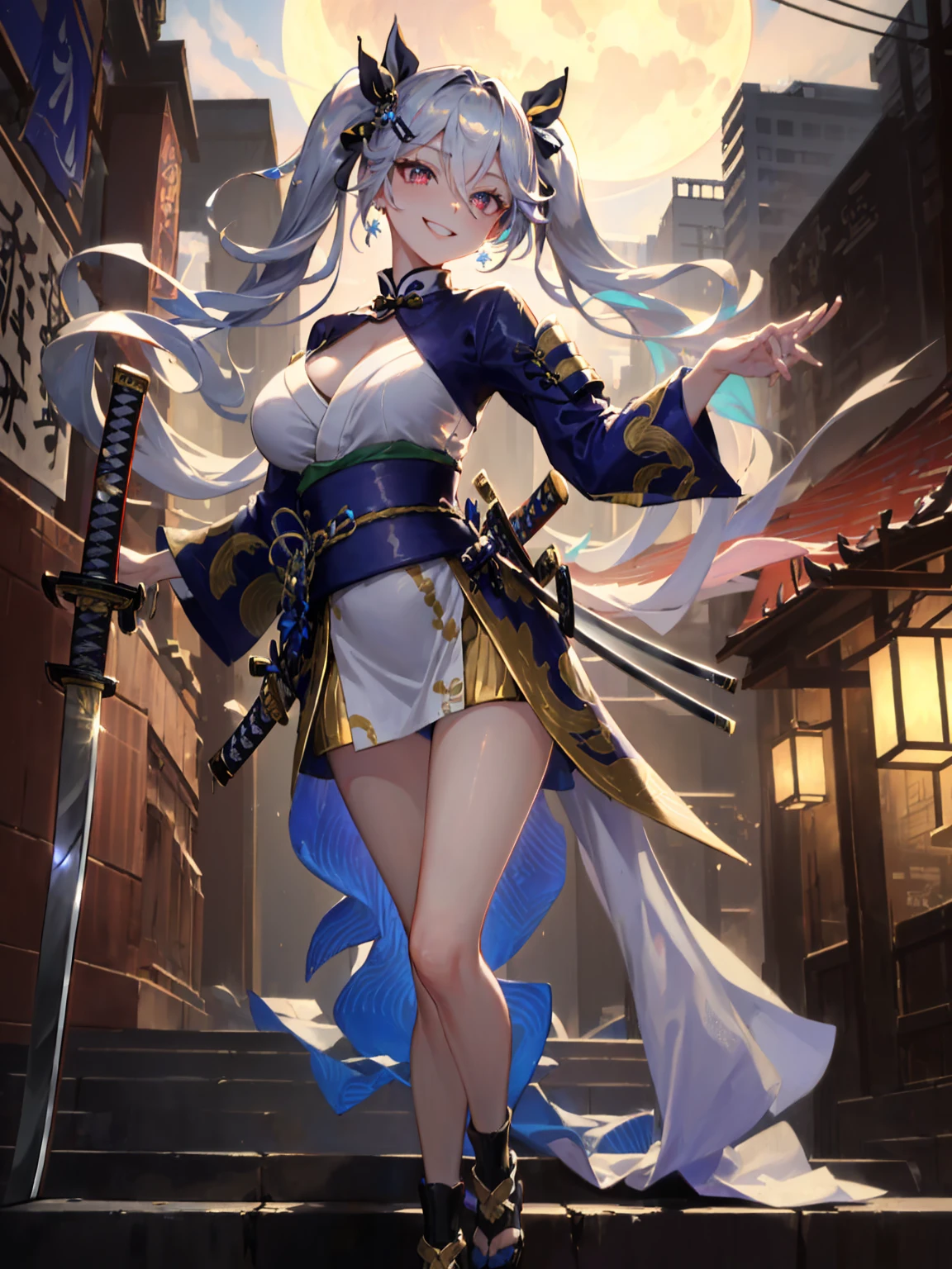 (absurdres, highres, ultra detailed), 1 girl, (A Divine goddess), Dynamic Body Type, beautiful, ((2.5D)), Beautiful Eyes, Delicate Eyes, Delicate Silhouette, (samurai, overcoat), (samurai costume:1.5), bare thighs, (slender legs:1.5), (katana:1.5), (armor platings:1.5), (elegant cutout clothes:1.5), (sharingans:1.5), fullbody shot, large breasts, perfect breasts, sharp contrast, gorgeous detailed eyes, focus, cowboy shot, glowing red eyes, slim fit, narrow waist, twintails, white hair, dynamic pose, elegant, detailed iris, sparkle eyes, star in eyes, (enchanting red eyes:1.3), (multicolored eyes), (long hair:1.3), (big hair ribbon:1.5), (hairpin:1.5), (silver hair:1.3), (twintails hair:1.5), (hair between eyes), (hair over one eye:1), (floating hair:1.3), masterpiece, highest quality, earrings, pink skin, glowing hair, detailed face, blushing, shy, evil smile, huge smile, red lips, sharp eyelashes, (lunar new years, full moon, lanterns, fireworks), BREAK, glitch art, digital distortion, pixelated fragments, data corruption, colorful noise, visual chaos, contemporary aesthetics BREAK , enamel art, glass-like surface, vibrant colors, glossy finish, reflective textures, rich pigments, fluid forms BREAK, ethnic style,vibrant patterns, handmade textiles, cultural motifs, beaded jewelry, artisanal accessories