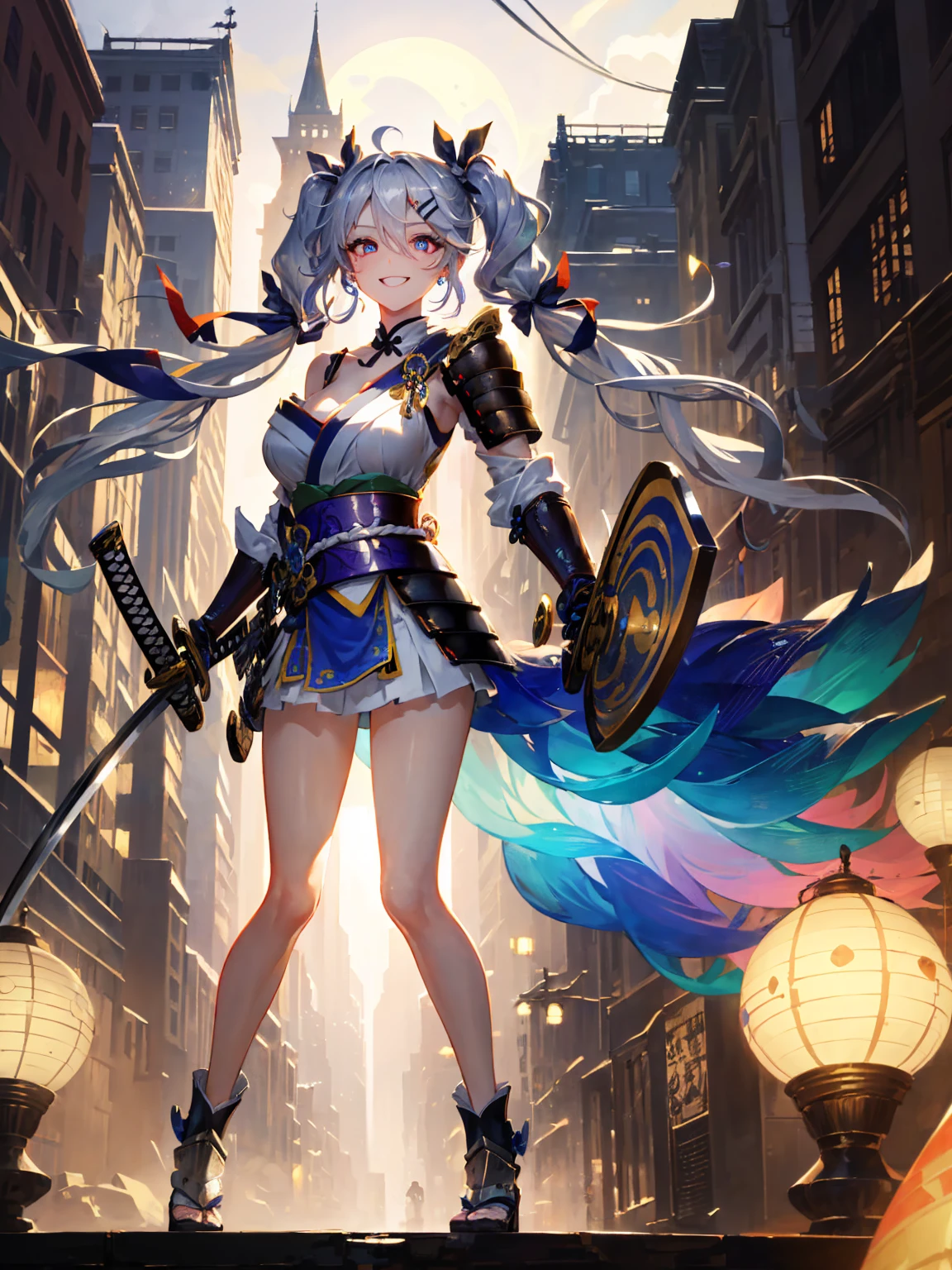 (absurdres, highres, ultra detailed), 1 girl, (A Divine goddess), Dynamic Body Type, beautiful, ((2.5D)), Beautiful Eyes, Delicate Eyes, Delicate Silhouette, (samurai, overcoat), (samurai costume:1.5), bare thighs, (slender legs:1.5), (katana:1.5), (armor platings:1.5), (side cutout armor:1.5), fullbody shot, large breasts, perfect breasts, detailed collarbone, no sleeves, sleeveless, naked arrms, sharp contrast, gorgeous detailed eyes, focus, cowboy shot, glowing red eyes, slim fit, narrow waist, twintails, white hair, dynamic pose, elegant, detailed iris, sparkle eyes, star in eyes, (enchanting red eyes:1.3), (multicolored eyes), (long hair:1.3), (big hair ribbon:1.5), (hairpin:1.5), (silver hair:1.3), (twintails hair:1.5), (hair between eyes), (hair over one eye:1), (floating hair:1.3), masterpiece, highest quality, earrings, pink skin, glowing hair, detailed face, blushing, shy, evil smile, huge smile, red lips, sharp eyelashes, (lunar new years, full moon, lanterns, fireworks), BREAK, glitch art, digital distortion, pixelated fragments, data corruption, colorful noise, visual chaos, contemporary aesthetics BREAK , enamel art, glass-like surface, vibrant colors, glossy finish, reflective textures, rich pigments, fluid forms BREAK, ethnic style,vibrant patterns, handmade textiles, cultural motifs, beaded jewelry, artisanal accessories