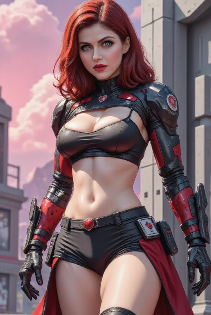 A comic illustration of a woman cyborg, redhead, robotic parts, thick legs, wide hips, small waist 