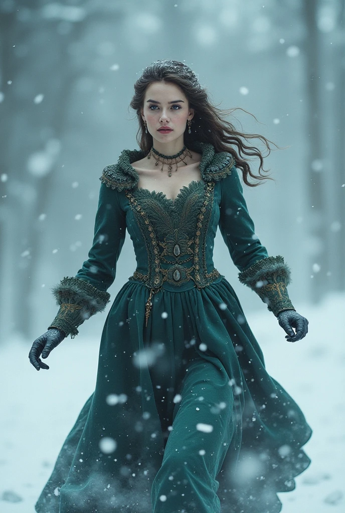 Beautiful Woman in winterstorm walking, inspired by alexandre cabanel, fighting for her life, cold, beautiful face, she walks through the storm,detailed face, beautiful long winter dress, russian clothes, noble clothes, jevelry, countess, victorian, pale skin,  gothic, wallpaper, snowfall, winter, ultra high resolution, winterstorm, (photorealistic:1.4), cinematographic