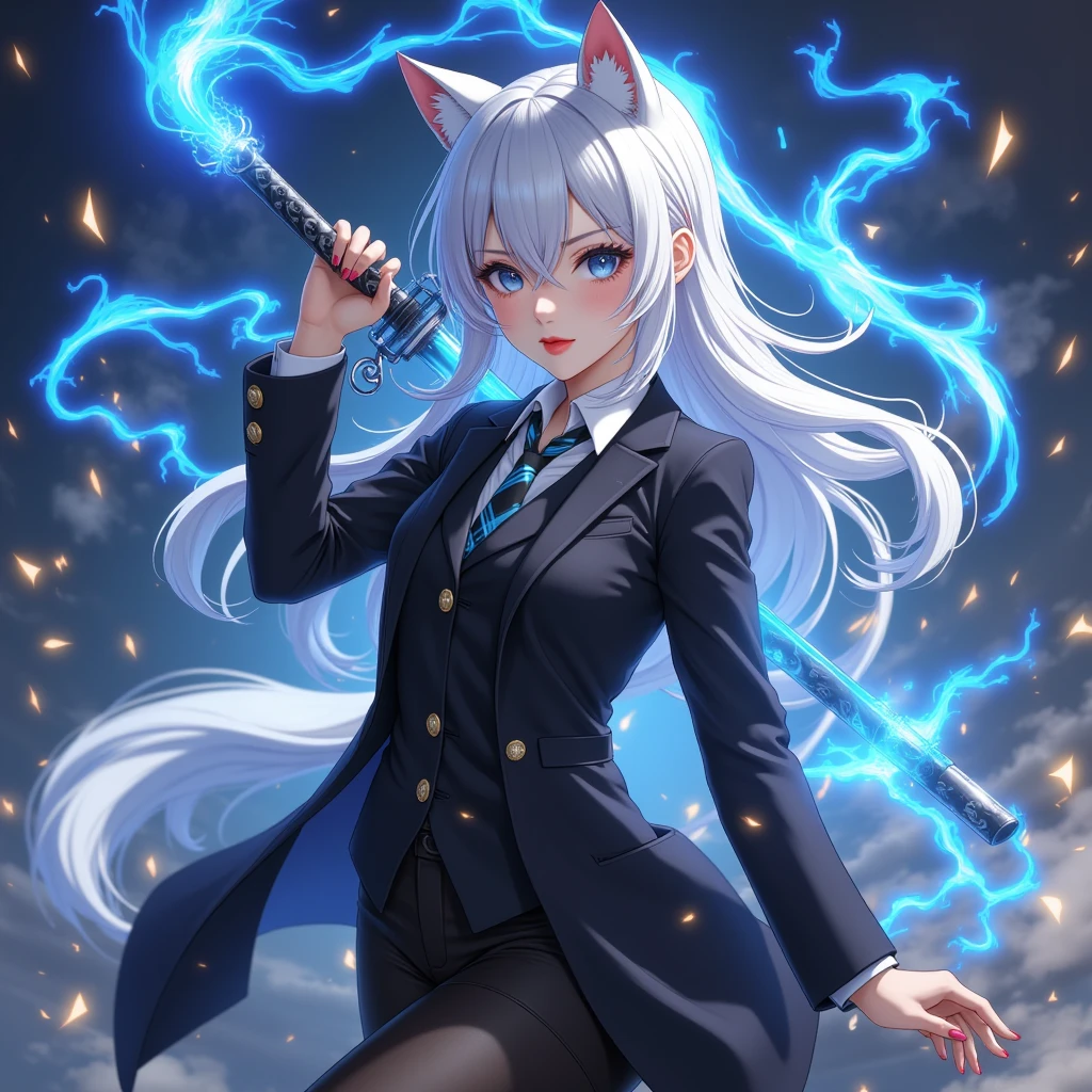 Anime drawing , 1 woman, Dark tone,  Pure White Hair,  red lips , Blue eyes, fox mask,  black clothes , Long blazer , Have a sword,  battojutsu, Full body ,  dynamic movement , spell,  Dynamic,  yellow lightning ,  blue water stream circulating,  Blue Flame, nighttime,  hologram background , 3D rendering  ,  dynamic view , illustration, Computer graphics,