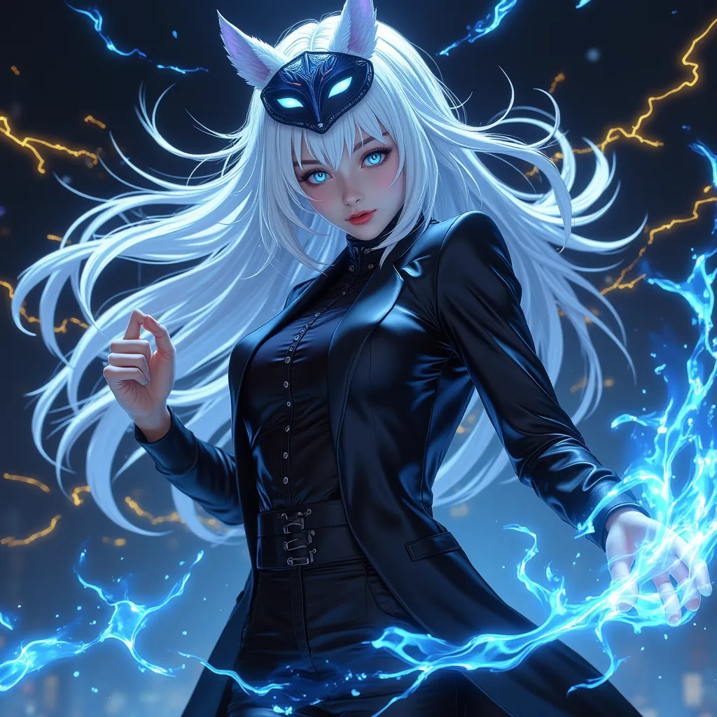 anime drawing , 1 woman, dark tone,  pure white hair,  red lips , blue eyes, fox mask,  black clothes , long blazer , have a swo...