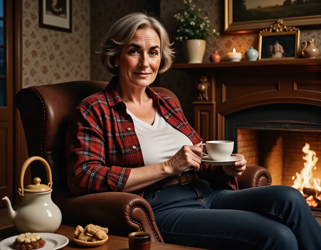 photorealistic picture, cinematic style, a beautiful old british woman sitting in her armchair drinking tea. she is 70 years old...