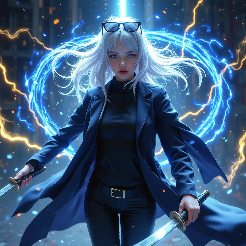 Anime drawing , 1 woman, Dark tone,  Pure White Hair,  red lips , Blue eyes, Sunglasses on my hair,  black clothes , Long blazer , Have a sword,  battojutsu, Full body ,  dynamic movement , spell,  Dynamic,  yellow lightning ,  blue water stream circulating,  Blue Flame, nighttime,  hologram background , 3D rendering  ,  dynamic view , illustration, Computer graphics,