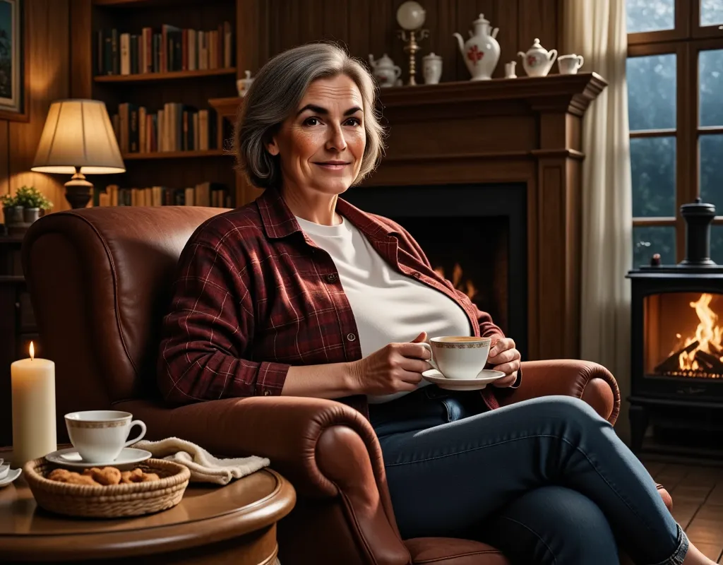 photorealistic picture, cinematic style, a beautiful old british woman sitting in her armchair drinking tea. she is 70 years old...