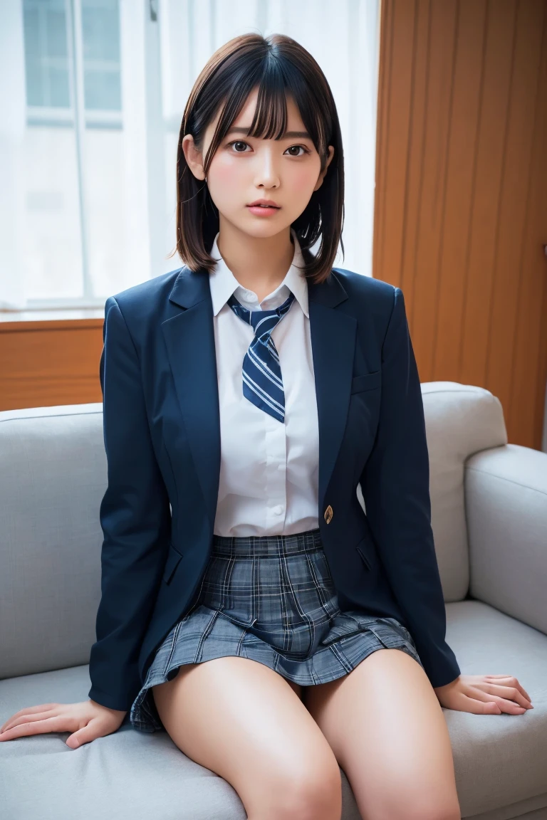 (8k, RAW Photos,Best Quality,  High Resolution :1.1), (超Realisticな:1.4),(Realistic, Realistic:1.3),Japanese beauty 1 girl, Alone, necktie, spread legs, skirt, sitting, school uniform, looking at viewer, plaid, presenting, brown eyes, jacket, socks, striped, couch, striped necktie, shirt, skirt lift, lips, blue necktie, black hair, plaid skirt, clothes lift, white shirt, collared shirt, blazer, long sleeves, indoors, bangs, is, closed mouth, thighs, nose, blue jacket, brown hair, pleated skirt, blue skirt,(( upper body:1.3))