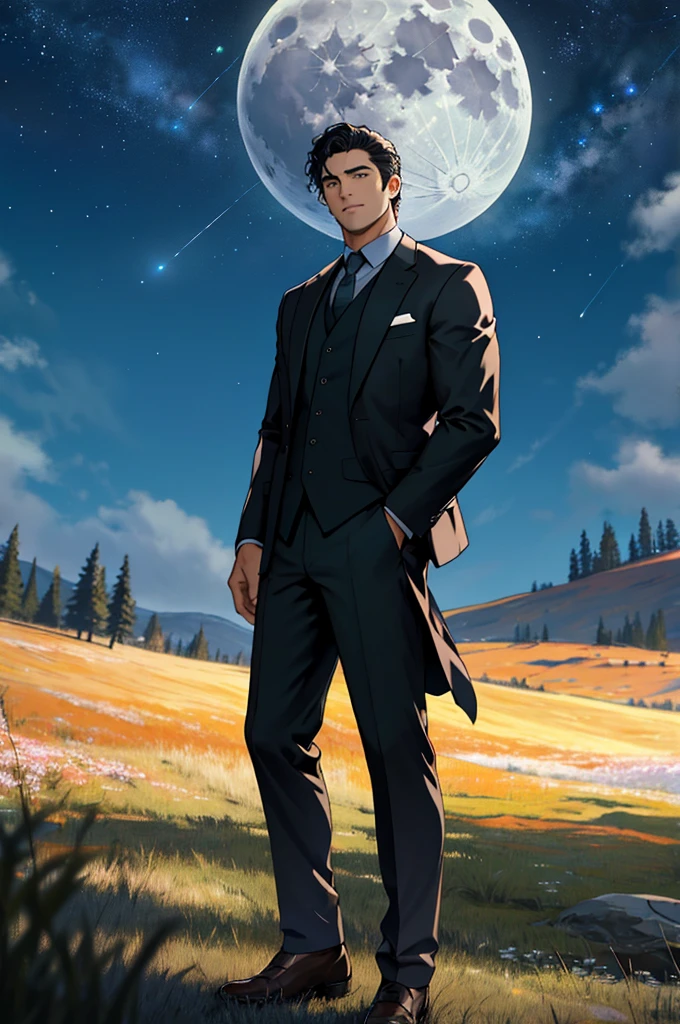  High Resolution ,Fine image quality ,Fine skin, anime style and pictorial ,One man,Alone, fitted black suit, Black Coat, black pants ,Whole body expression,Brown Hair,Brown eyes, short, smooth hair , cropped armpits and neckline , businessman style detective , black gloves, cool old man ,Beautiful posture down to the feet 