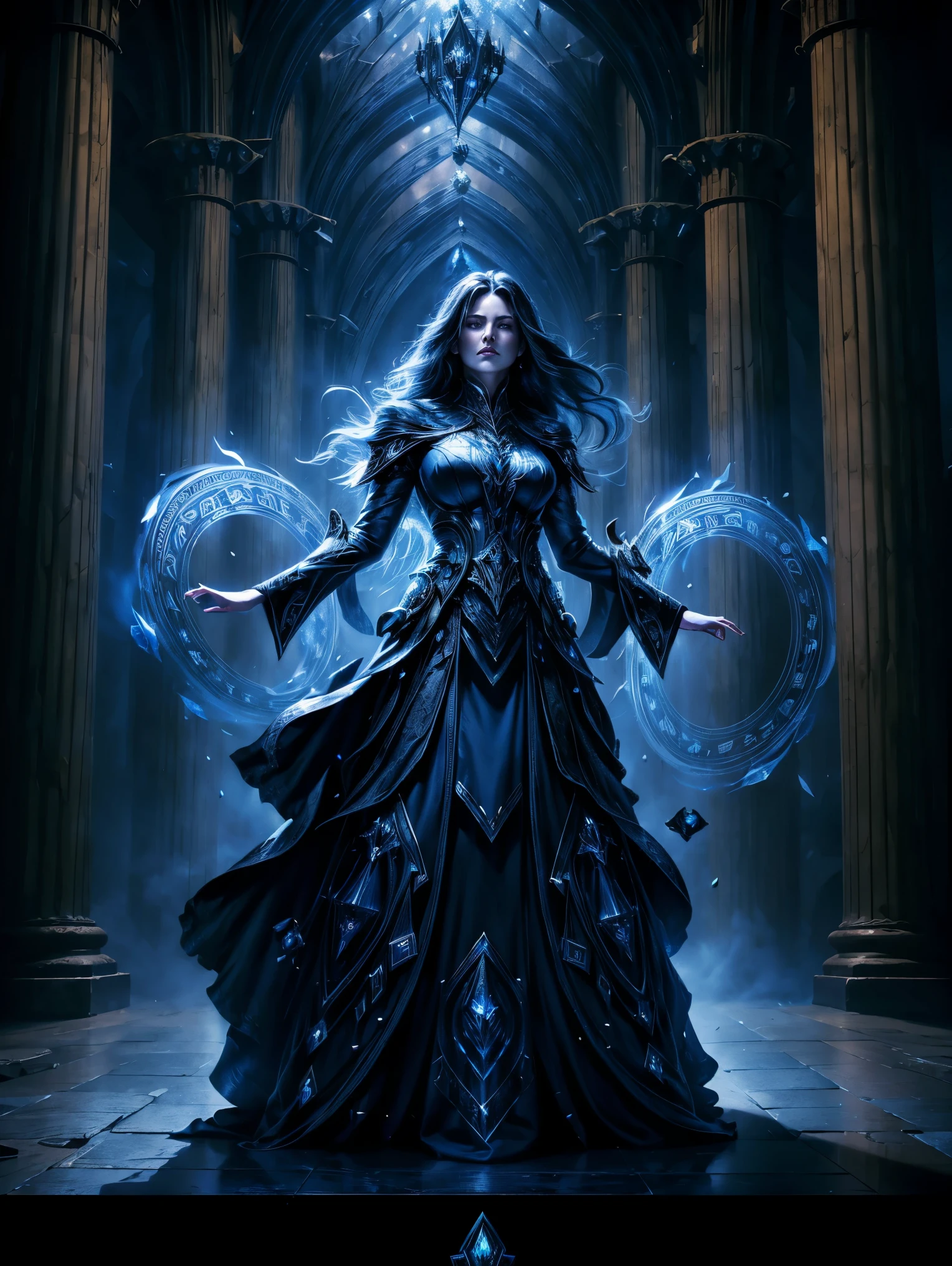 A dark sorceress with long silver hair, standing in an ancient hall. She wears a form-fitting, dark blue gown adorned with armor-like details. Magic swirls around her hands as she gazes forward with a cold, calculated expression. The hall is dimly lit with flickering blue flames