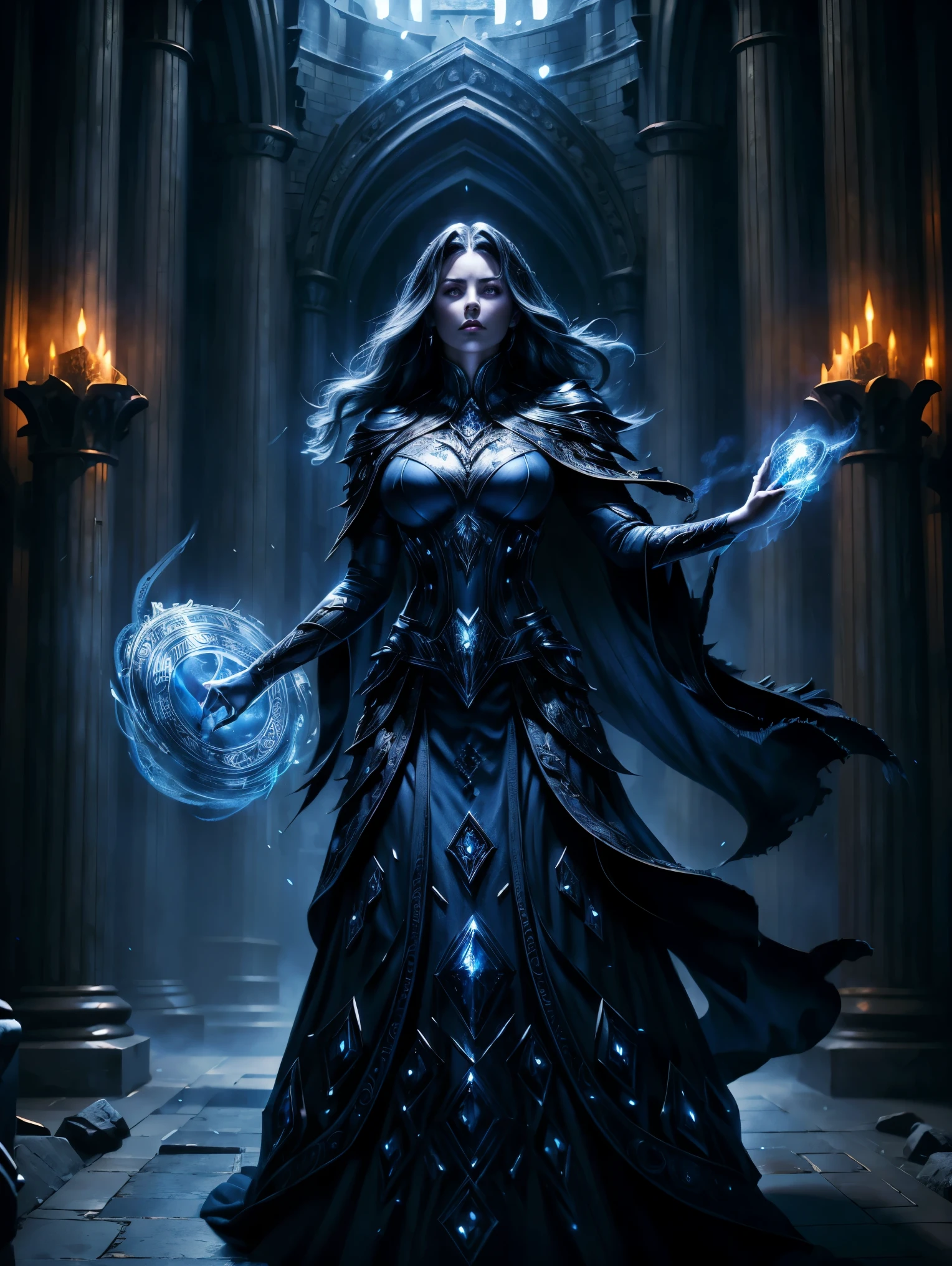 A dark sorceress with long silver hair, standing in an ancient hall. She wears a form-fitting, dark blue gown adorned with armor-like details. Magic swirls around her hands as she gazes forward with a cold, calculated expression. The hall is dimly lit with flickering blue flames