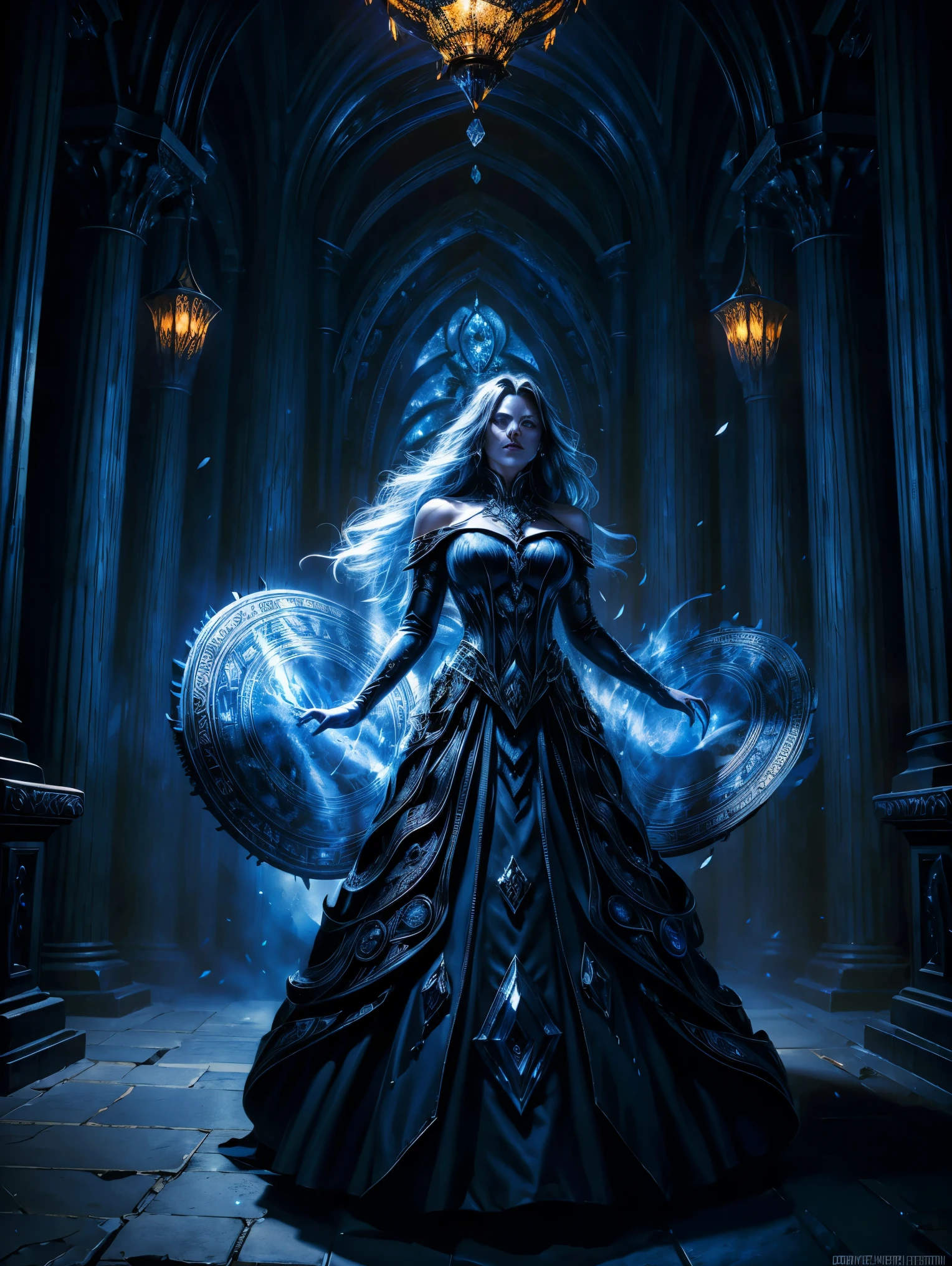 A dark sorceress with long silver hair, standing in an ancient hall. She wears a form-fitting, dark blue gown adorned with armor-like details. Magic swirls around her hands as she gazes forward with a cold, calculated expression. The hall is dimly lit with flickering blue flames