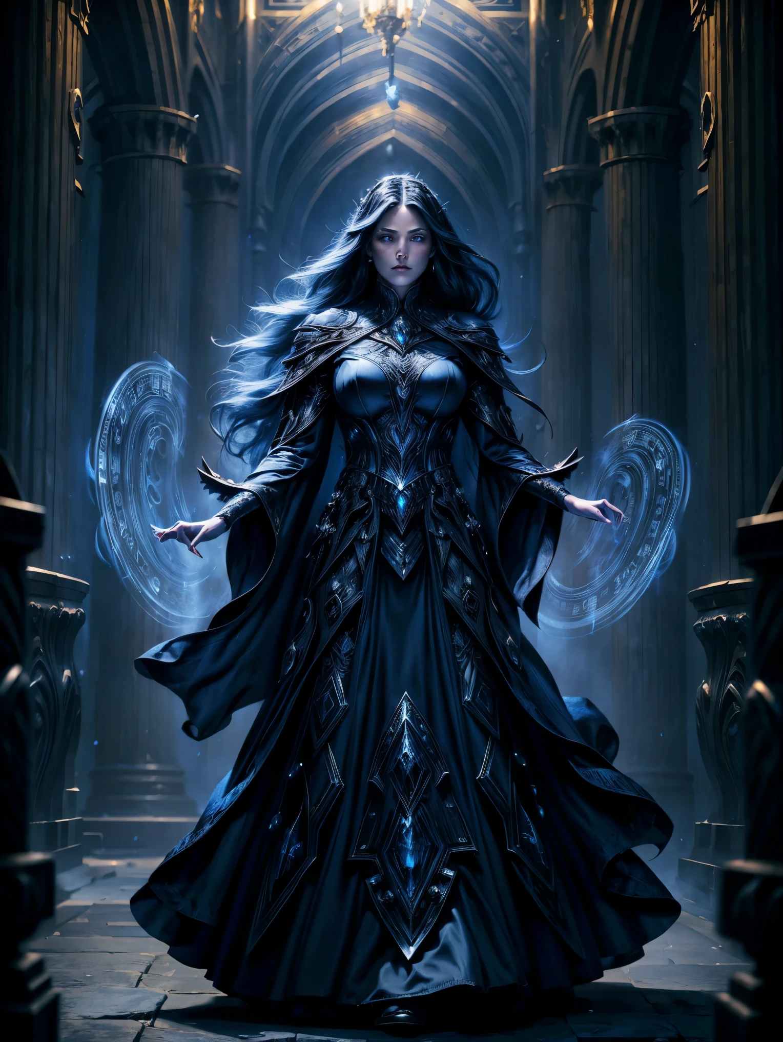 A dark sorceress with long silver hair, standing in an ancient hall. She wears a form-fitting, dark blue gown adorned with armor-like details. Magic swirls around her hands as she gazes forward with a cold, calculated expression. The hall is dimly lit with flickering blue flames