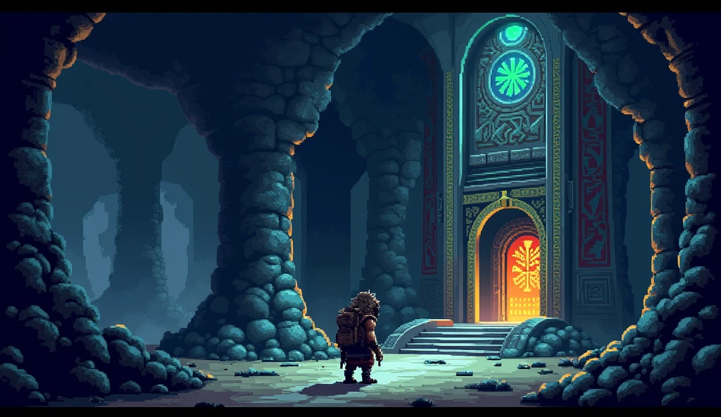 Pixel art, 16bit, game design, lone hero exploring mysterious underground world, intricate architecture, dark atmosphere, fantasy.