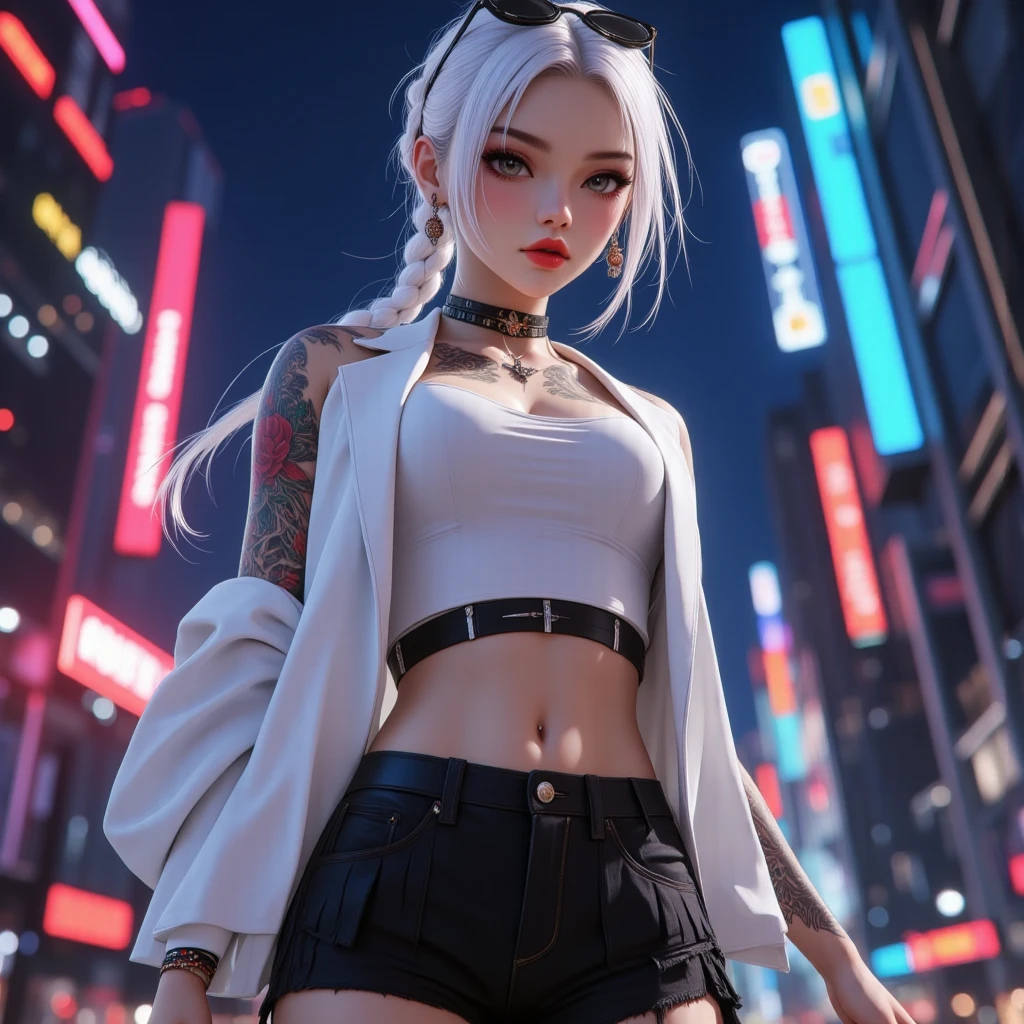 3D realistic, Full body figure, sharp face, 1 mafia woman Standing on the rooftop of a building, at night, beautiful,  very amazing detail , Perfect type, The most charming idol, Stunning face, Beauty beyond the world,  Pure White Hair, Ring braid, Brown eyes, Tattoos , Sunglasses on my hair, The mouth is painted with red lipstick., Kakegurui, White blazer, Crop top, Black short pleated skirt, tight, high-heels, Radiant skin, Holographic style background, Deep neon color, Highest quality , The best details, Differences in light and shadow, การเคลื่อนที่Dynamic, Dynamic, It should be a wide angle shot., Low camera angle, Long-range view