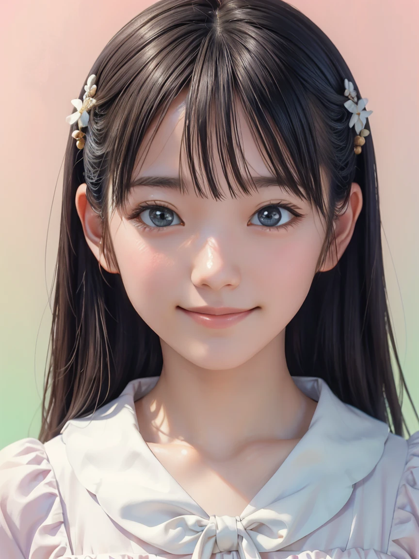 SFW, (Masterpiece, Highest quality, 32k, Best image quality, Award-winning works, RAW photo), (Japanese Idol dress:1.1), (half Japanese half German:1.3), (ID photo:1.1), (Close-up of face:1.2), (Pastel background:1.2), Cutest light smile, The most perfect and beautiful face in the world, incredibly kawaii maiden, Shiny Beautiful Skin, Perfect Makeup