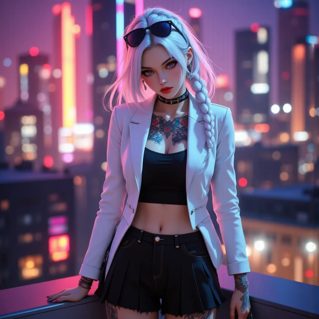 3d realistic, full body figure, sharp face, 1 mafia woman standing on the rooftop of a building, japanese sword , at night,  ver...